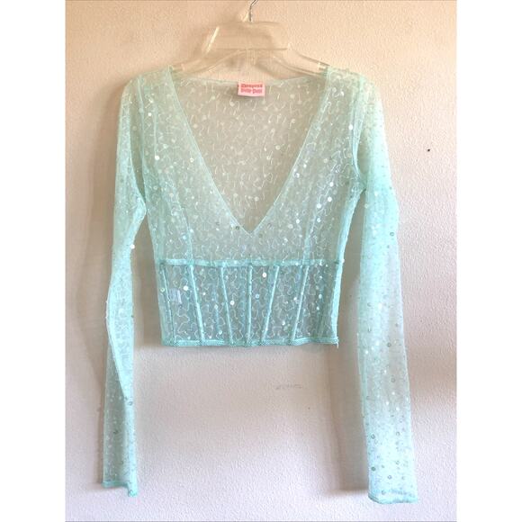 Dyspnea Mint Green Hand Beaded Certified Freak Vneck Sheer Bodice Top Small - Picture 1 of 12